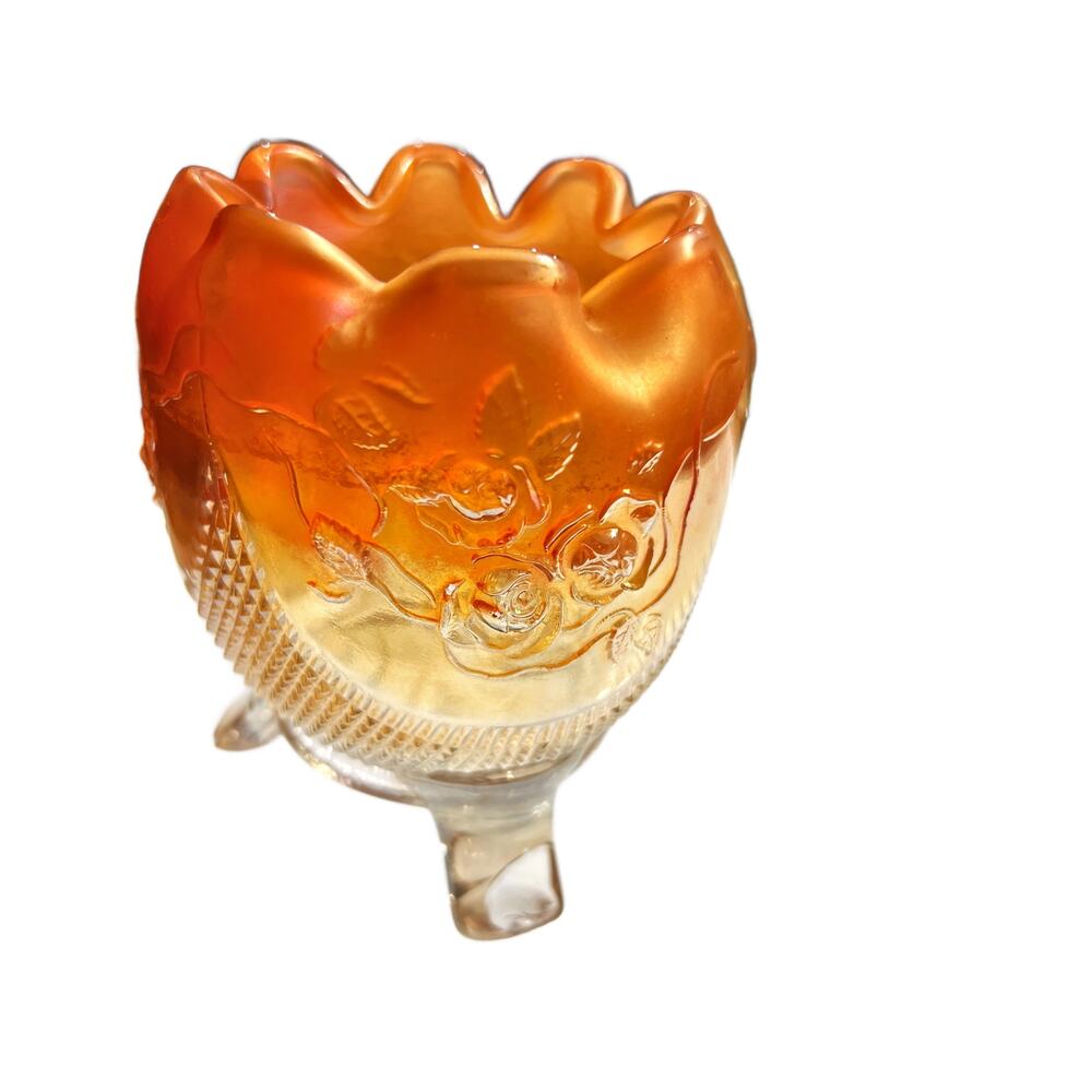 VTG Norwood Tri-Footed Pinched Lip Amber Iridescent Dish 4"